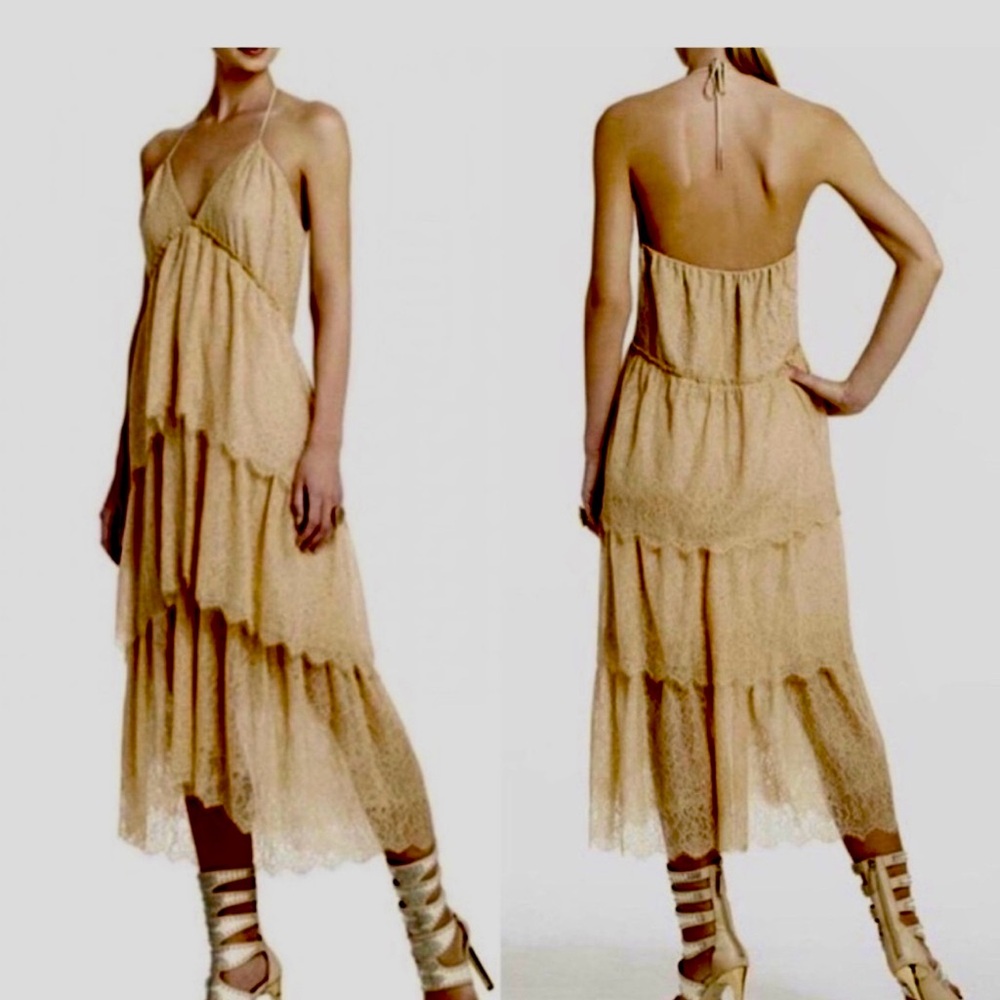 BCBGMAXAZRIA “Kat” Lace Tiered Dress 
Tan